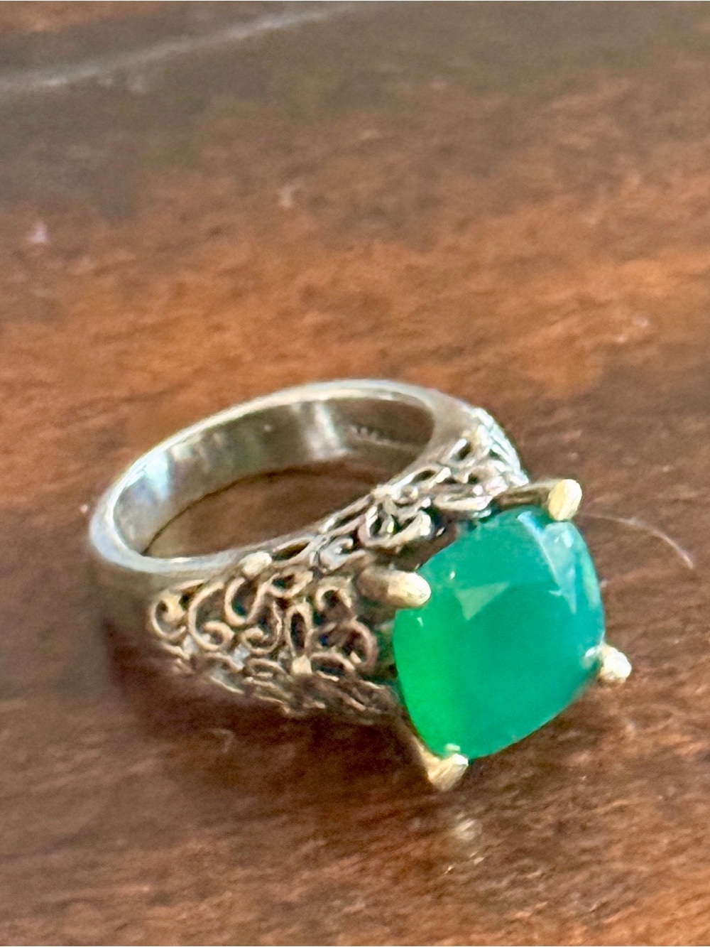 14KT & SS Genuine Green Gemstone Filigree Cocktail Ring